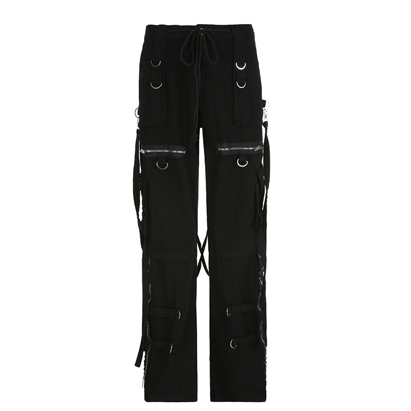 Women'S Fashion Punk Gothic Cool Metal Buckle Zipper Wide Leg Straight Loose Jeans