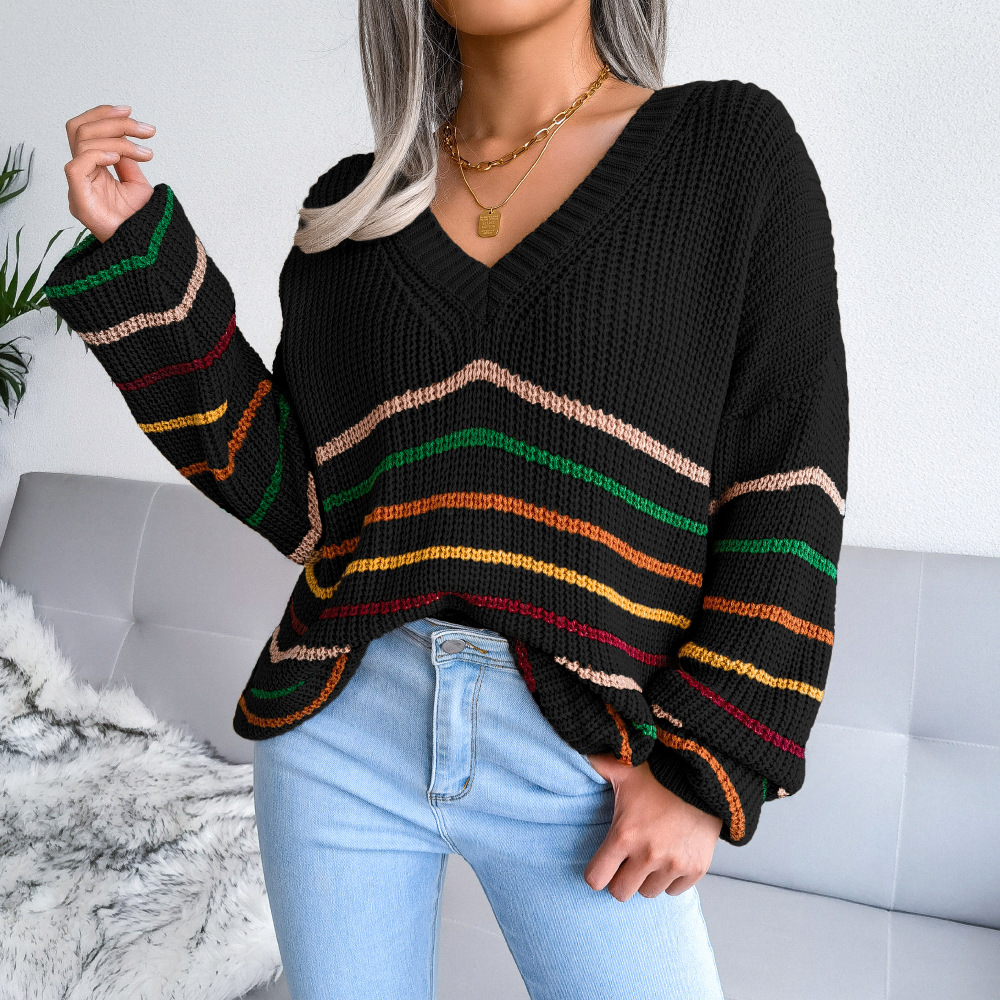 Women Casual Rainbow Stripe Loose V Neck Long Sleeve Knitted Sweater