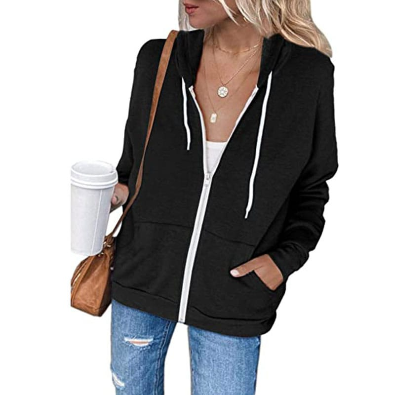 Women Casual Solid Color Zipper Hoodie