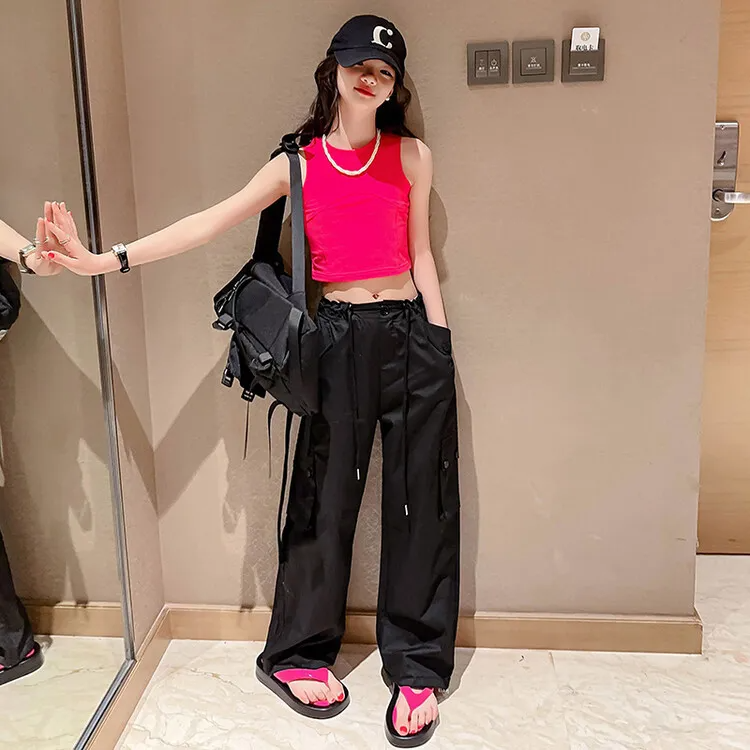 Kids Teen Girl Casual Solid Color Multi-Pocket Cargo Pants