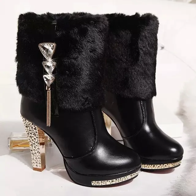 Women Fashion Pu Solid Color Plush Pointed Toe Platform Rhinestone Chunky Heel Short Boots