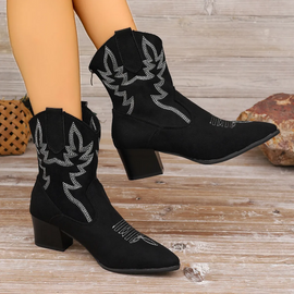 Women Fashion Plus Size Embroidery Pointed Chunky Heel Mid-Calf Boots