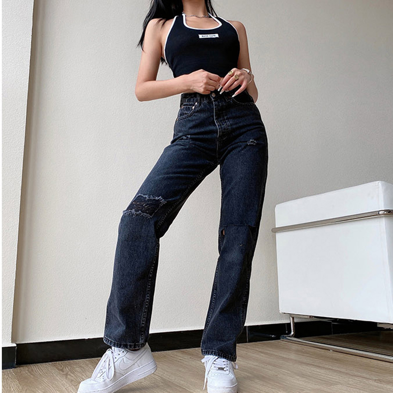 Women High Waist Mom Ripped Jeans Straight Denim Pants