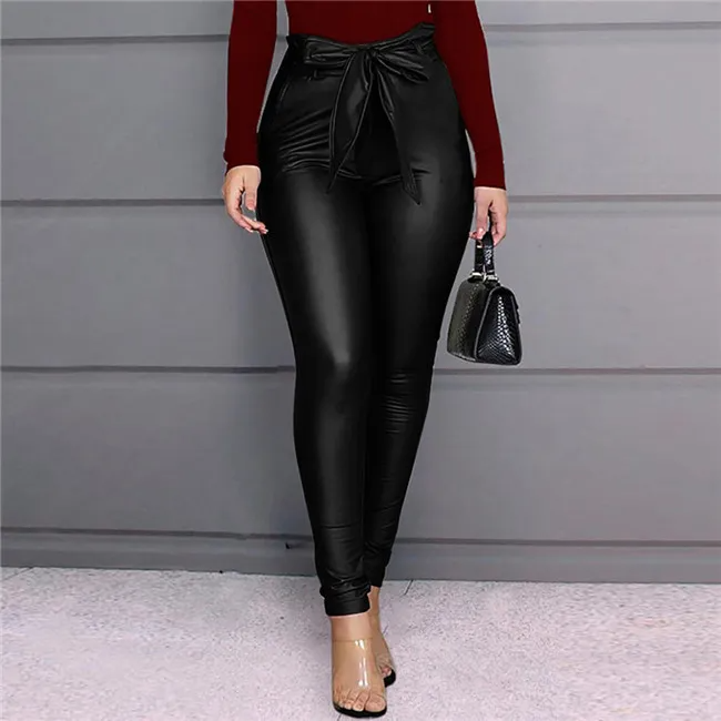 Women Fashion Solid Color High Waist Sash PU Leather Pants