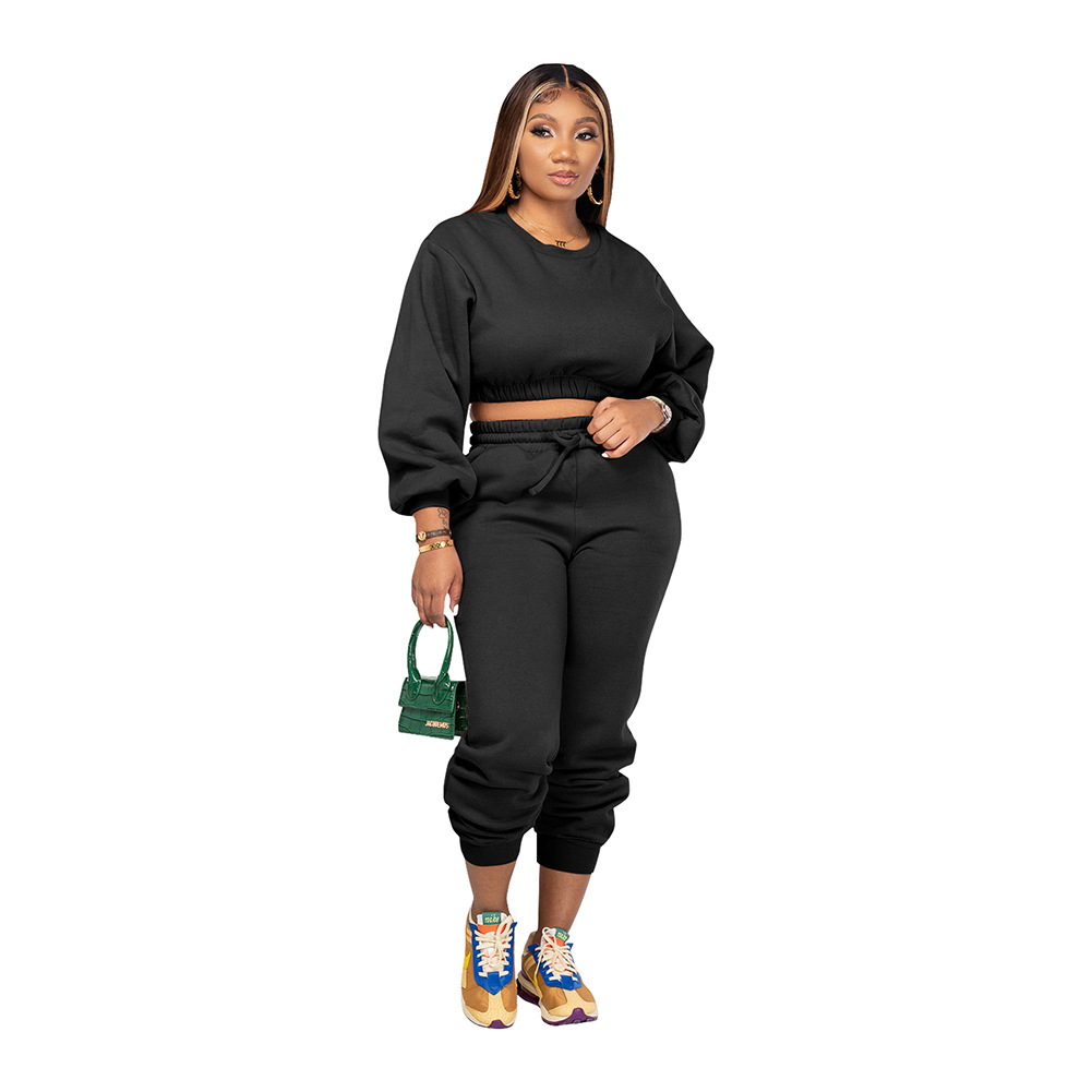 Women Simple Athleisure Casual Solid Color Round Neck Loose Long Sleeve Sweatershirt And Pants Fashion Basic Two Pieces Set