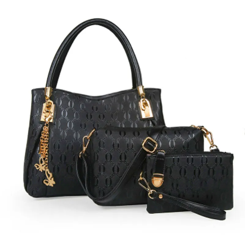 Women Retro Fashion Embossed Shoulder Handbag Three-Piece Set