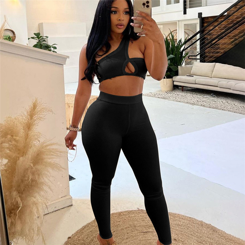 Women Fashion Sexy Solid Color Diagonal Shoulder Crop Cut Out Top Tight Defined Waist Pants Two-Piece Set