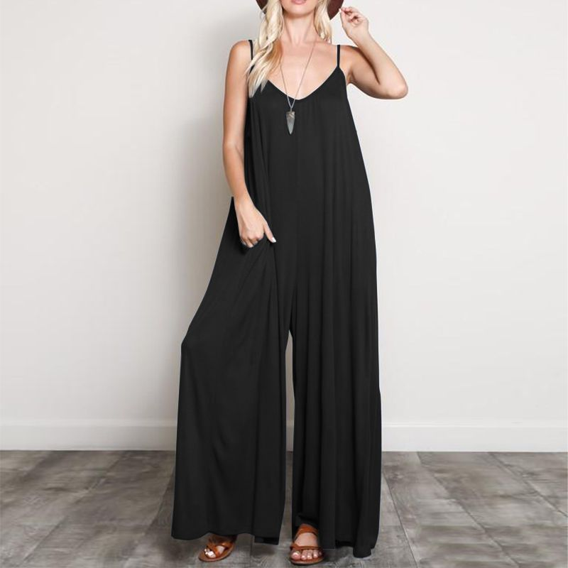 Solid Color Oversize V Neck Spaghetti Strap Wide-Leg Jumpsuits