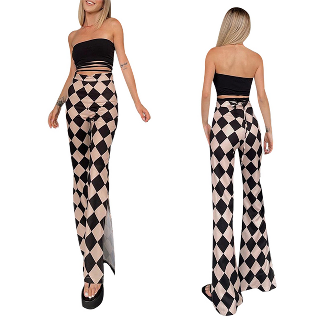 Women'S Fashion Plaid Printing High-Waist Slit Flared Trousers