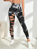 (Buy 1 Get 1) Fashion Women Sports Yoga High Waist Tie Dye Print Ripped Hollow Leggings Pants