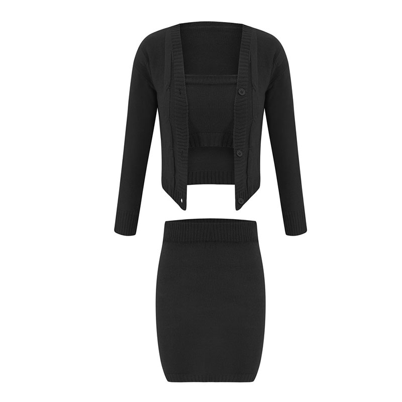 Solid Color Tube Top And Single-Breasted Cardigan And Bodycon Skirt Knit Three Pieces Sets