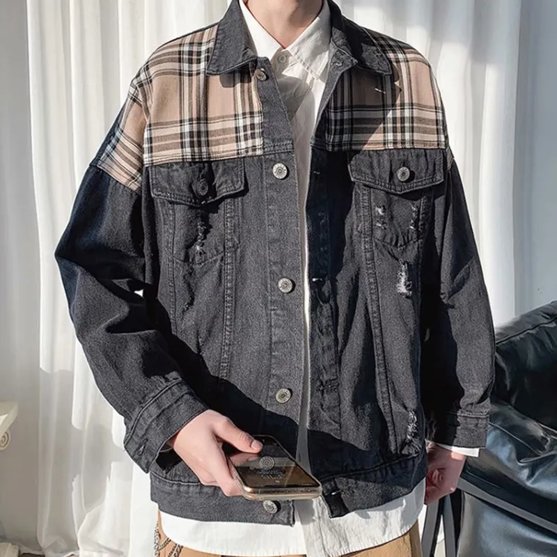 Men Casual Lapel Loose Stitching Denim Jacket