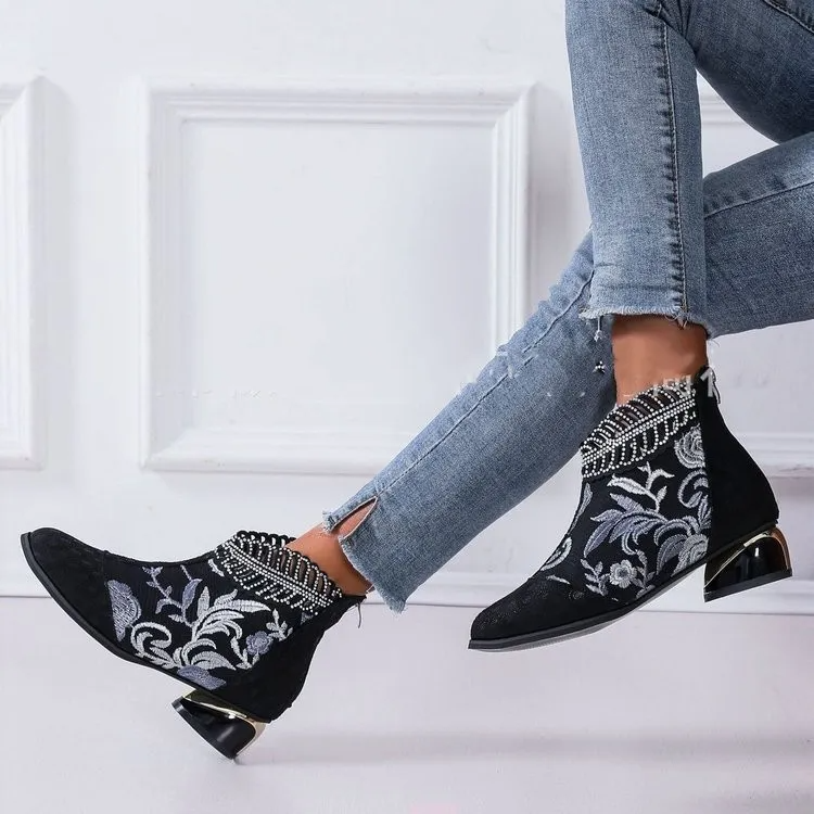 Women Fashion Ethnic Style Embroidered Rhinestone Chunky Heel Short Boots