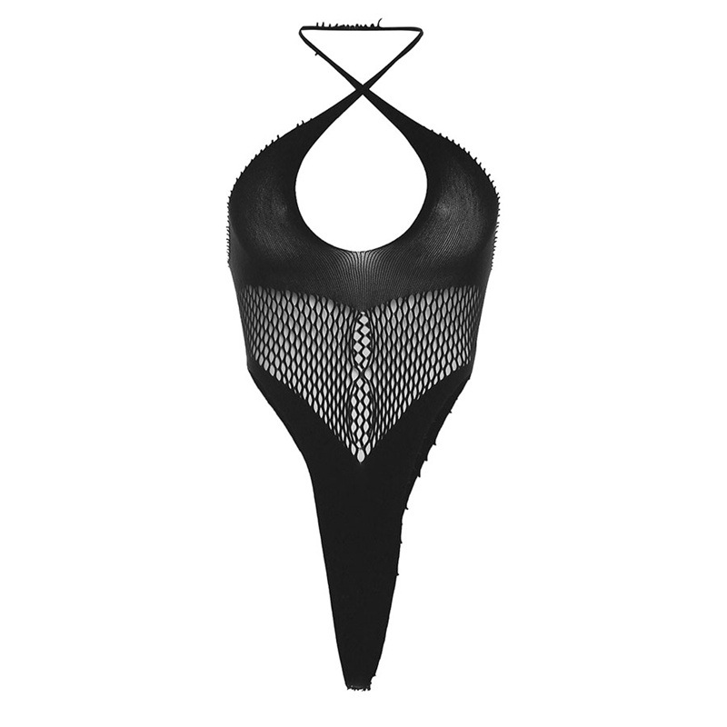 Summer Fashion Sexy Halter Neck See-Through Hollow Bodysuit Nightclub Lingerie