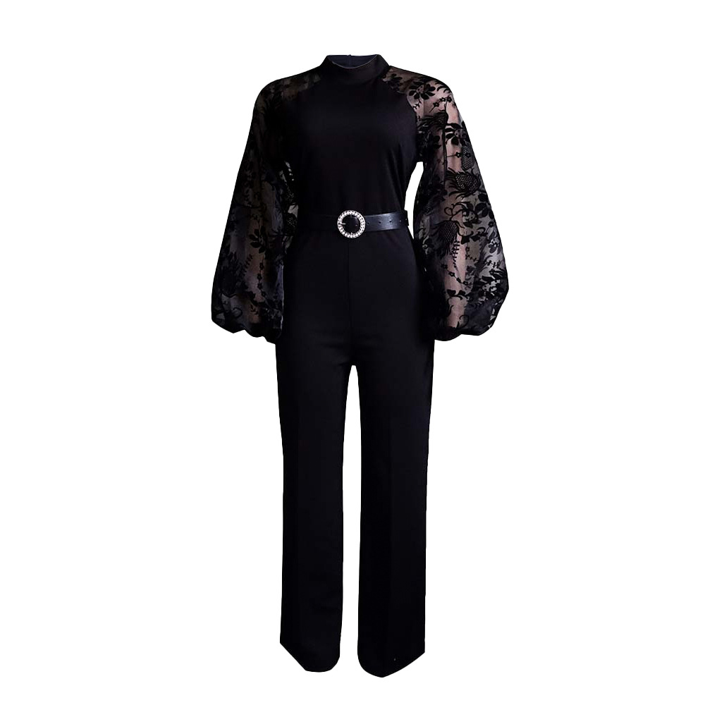 Women Solid Color Lace Mesh Stitching Long-Sleeved Waist Wide-Leg Jumpsuit