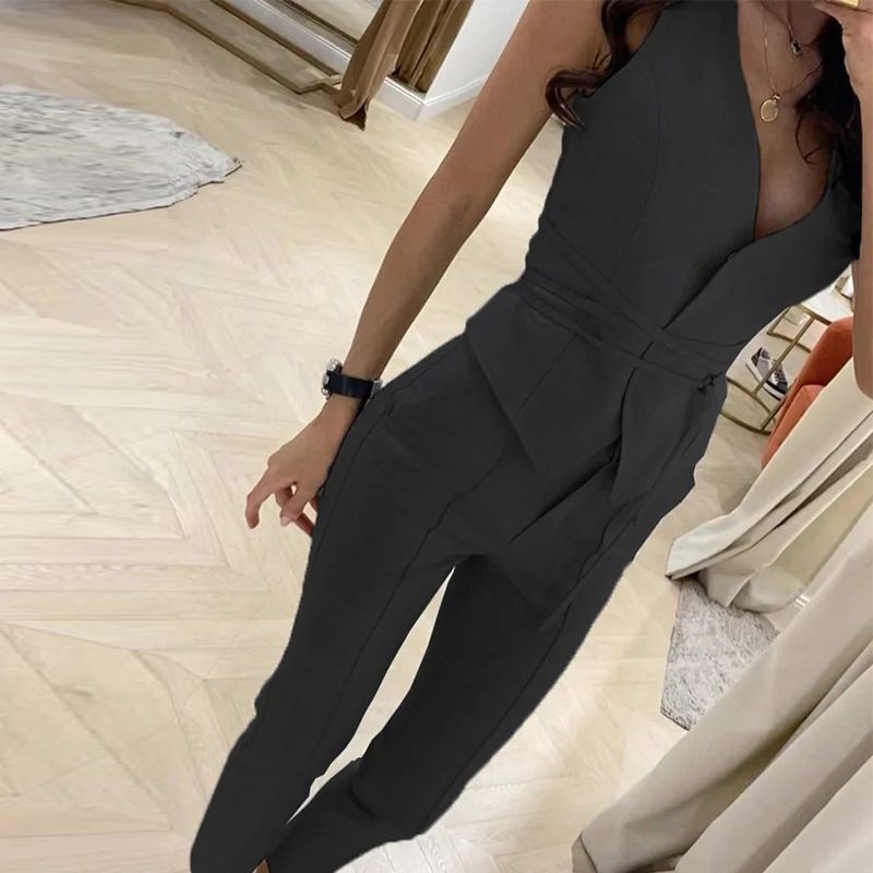 Summer Women'S Casual Solid Color Office-Chic Defined Waist V-Neck Vest And Slim Fit Pants Two-Piece Sets