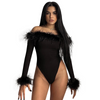 Women Fashion Elegant Solid Color Feather Plush Off-Shoulder Long Sleeve Tight Bodysuit