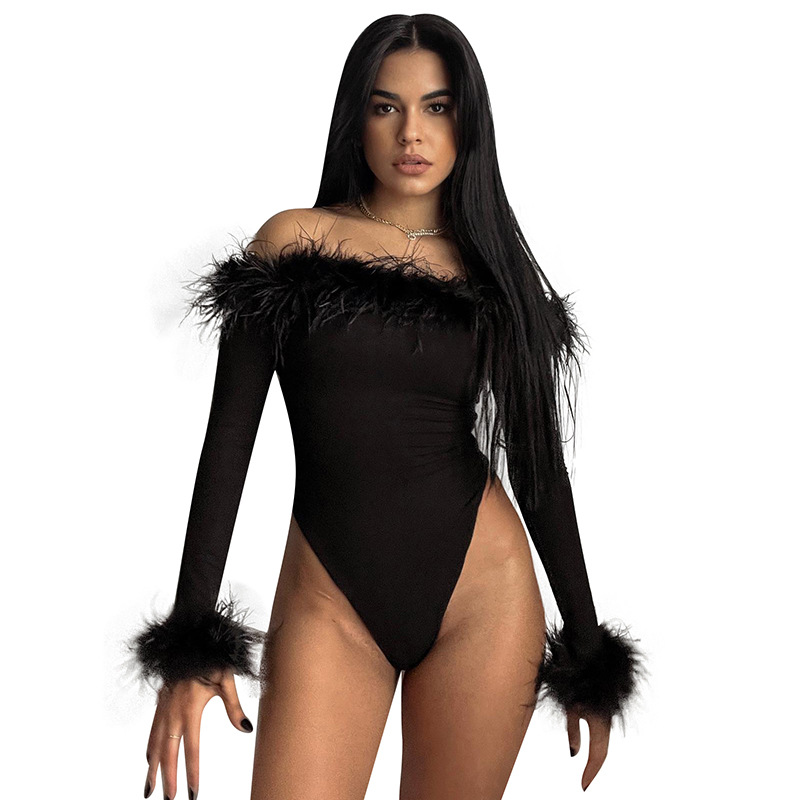 Women Fashion Elegant Solid Color Feather Plush Off-Shoulder Long Sleeve Tight Bodysuit