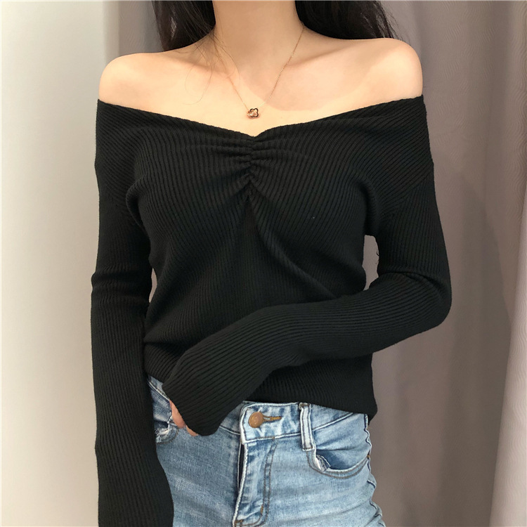 2 pieces Women Fashion Slim-Fit Sexy V-Neck Long Sleeve Knitted Base Shirt