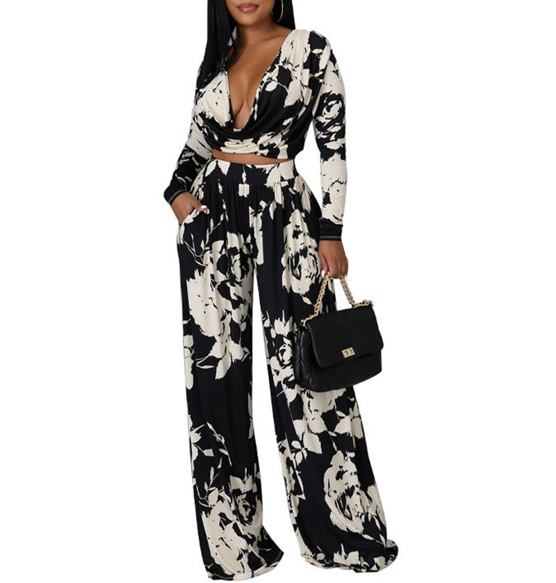 Fashion Casual Floral Printed Sexy V-Neck Long-Sleeved Blouse Wide-Leg Pants Two-Piece Set