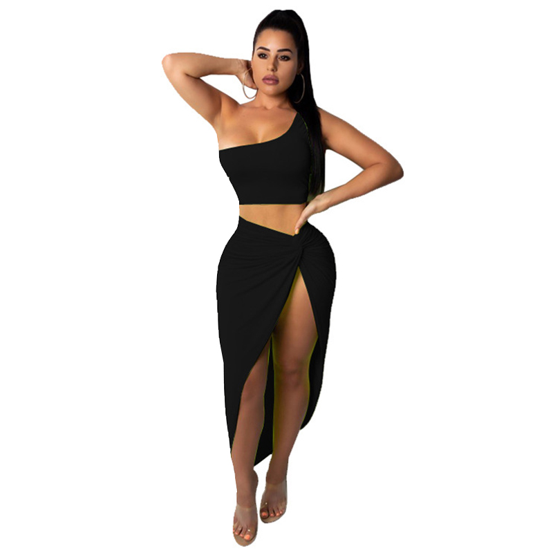 Asymmetric One-Shoulder Cropped Top Sexy Side-Slit Skirt Women Solid Color Two-Piece Set