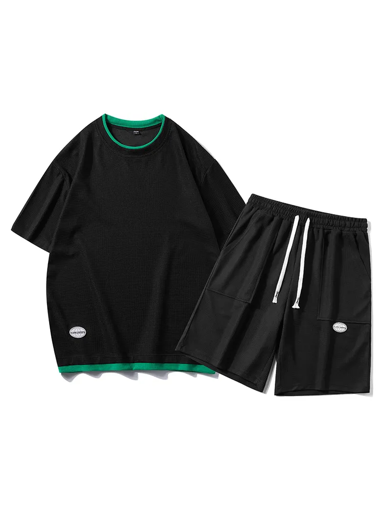 Unisex Fashion Waffle Round Neck Short Sleeve Oversized Loose T-Shirt And Shorts Two-Piece Set