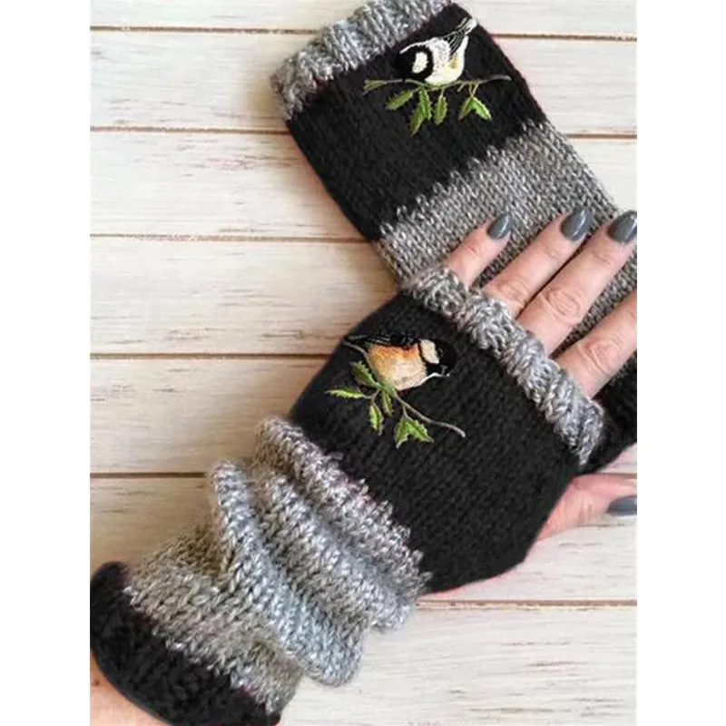 (Buy 1 Get 1) Autumn Winter Women Fashion Warm Stitching Embroidered Half Finger Gloves