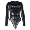 Sexy See-Through Mesh Women Suede Patchwork Long-Sleeved Round Neck Bodysuit