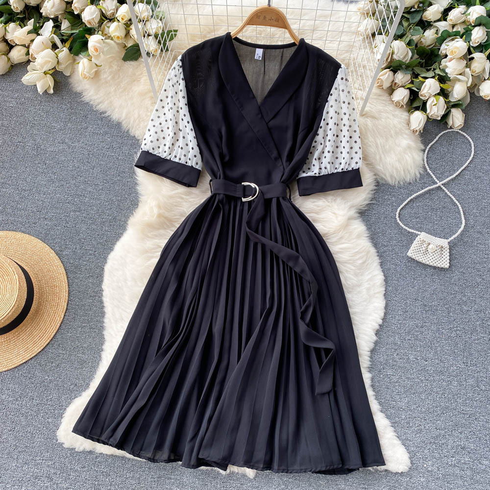 Women Casual Elegant Dot Printed Short Sleeves V-Neck Waist Belt Creased Mid-Length Dress