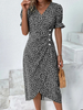 Women'S Fashion Casual Floral Printing Puff Sleeve Irregular Elegant Midi Dress