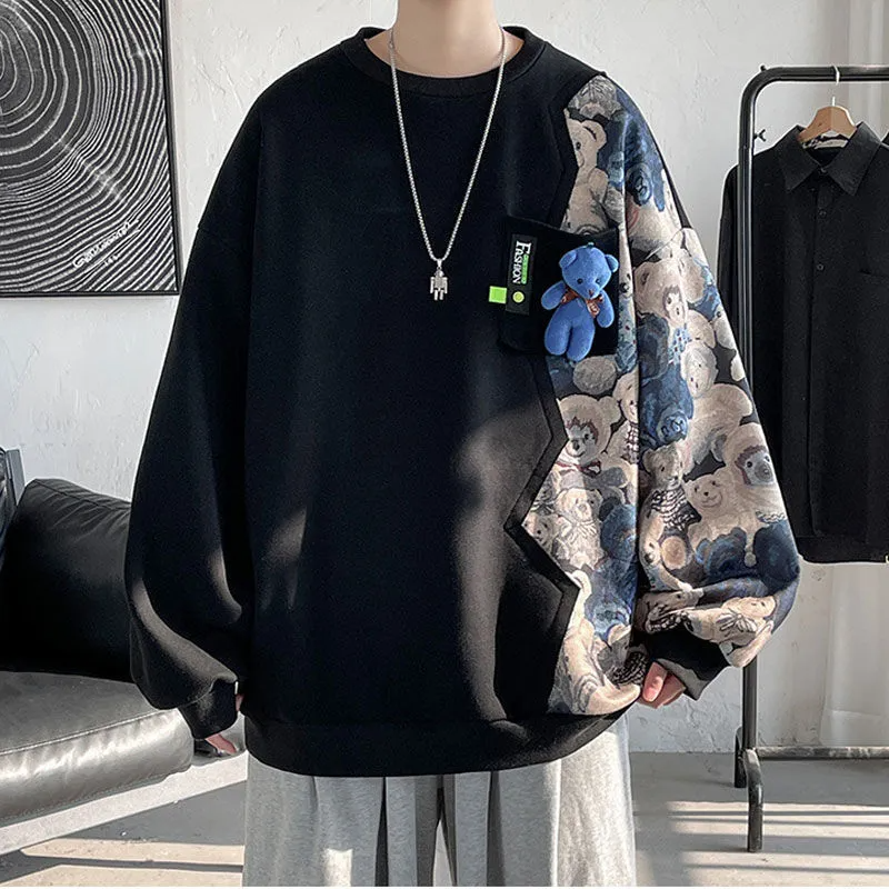 Men Casual Bear Print Round Neck Long Sleeve Loose Sweatshirt