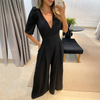 Women Fashion Solid Elegant Casual V-Neck High Waist Puff Short Sleeve Wide Leg Jumpsuits