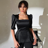 Summer Fashion Elegant Women Slim Fit Solid Color Satin Square Neck Defined Waist Irregular Hemline Blouse