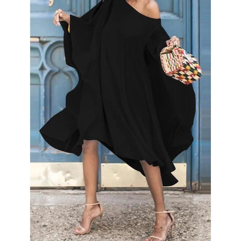 Women Fashion Chiffon Pullover Round Neck Irregular Skirt Dress