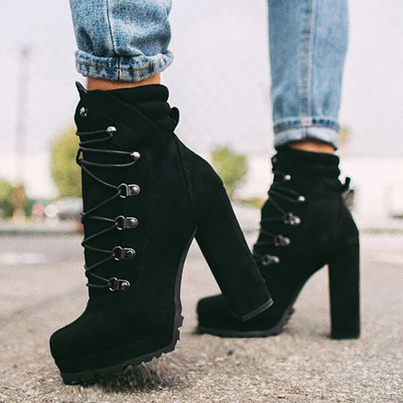 Women Bigger Sizes Lace-Up Design Heeled Martin Boots