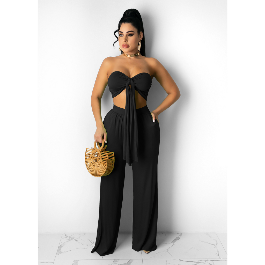 Women Summer Vacation Solid Color Tube Top Wide Leg Pants Two-Piece Set