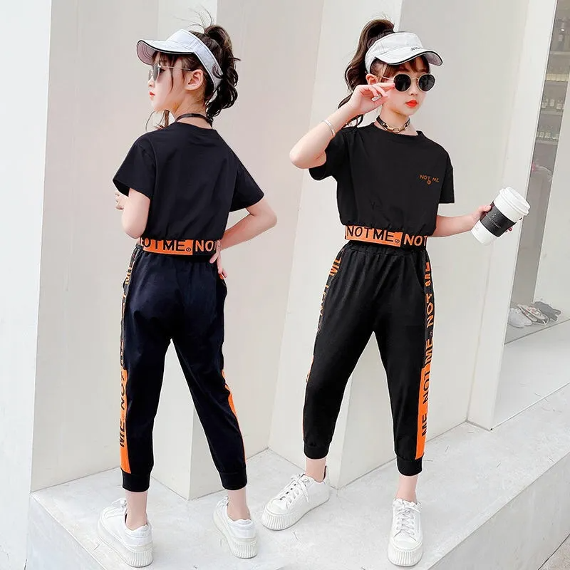 Children Kids Baby Fashion Girls Casual Basic Short Sleeve Letter Print Short Sleeve T-Shirt And Pants 2pcs Set