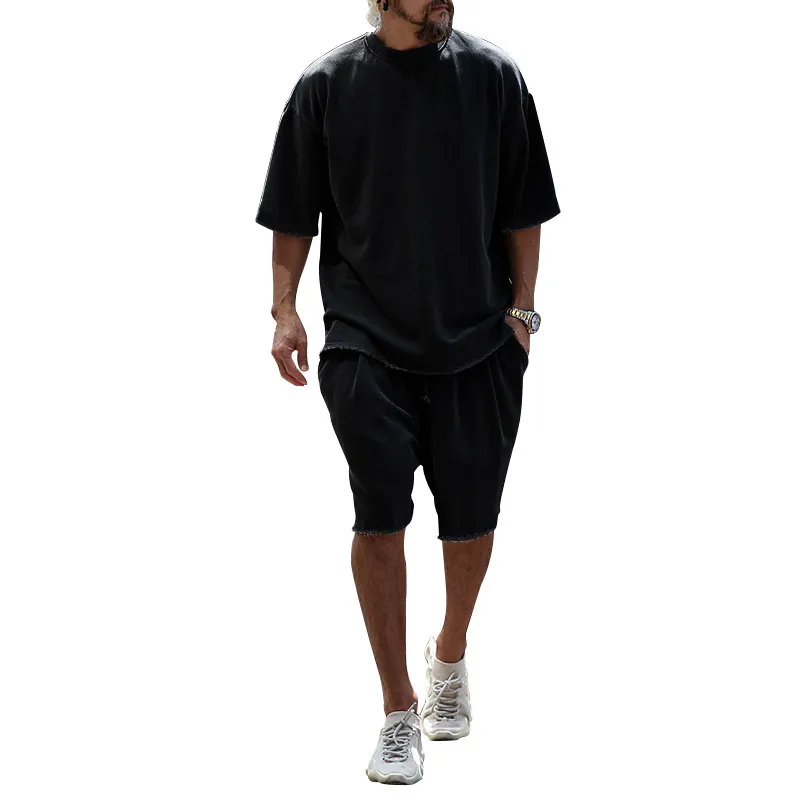 Men Summer Fashion Casual Sports Solid Color Loose Round Neck T-Shirt Shorts Set