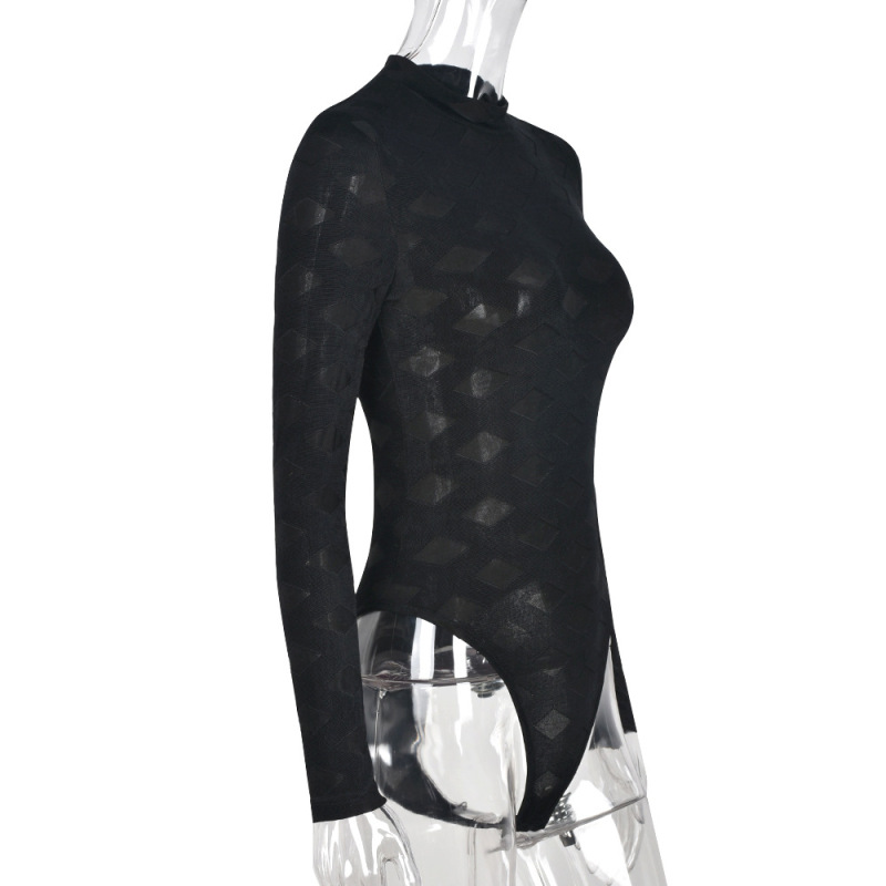 Women'S Sexy Mesh See-Through Patchwork Long-Sleeved Bodysuits