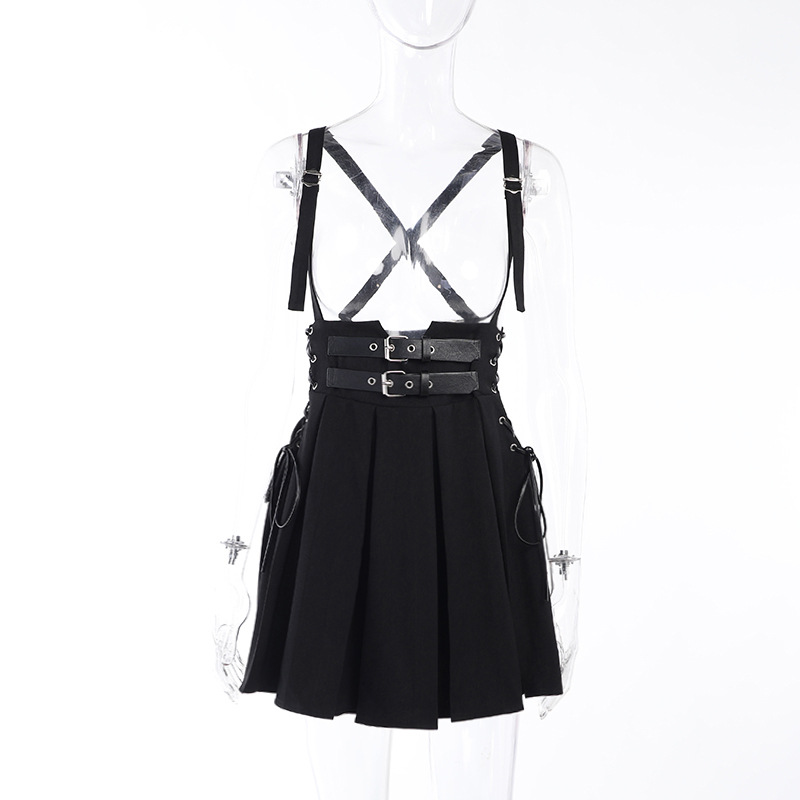 Gothic Women Summer Strap High Waist Pleated Skirt