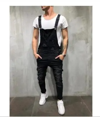 Men Fashion Casual Trend Solid Color Loose Ripped Leg Suspender Jeans