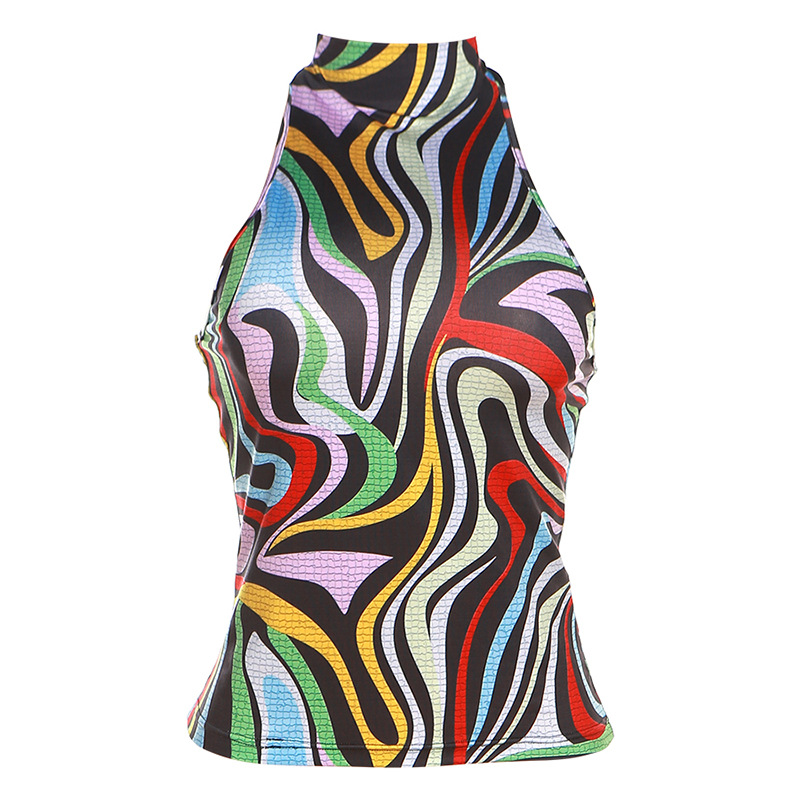 Summer Women Fashion Halter Neck Sleeveless Backless Graphic Printed Tank Top