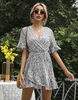 Women Fashion Casual Tiny Flower Printing V-Neck Flare Sleeve Ruffled Dress