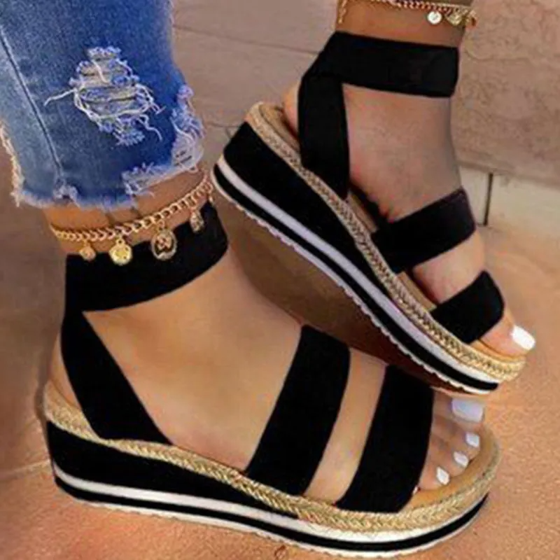 Women Fashion Solid Color Platform Velcro Sandals Shoes