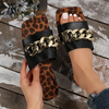 Women Fashion Casual Leopard Print Metal Chain Square Toe Flat Slippers