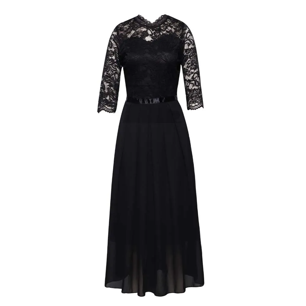 Women Stitching Chiffon Evening Dress Round Neck Long Sleeve Maxi Dress