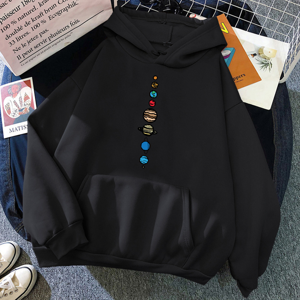 Women'S Basic Long Sleeve Hat Rope Pocket Design Solar System Printed Hoodie