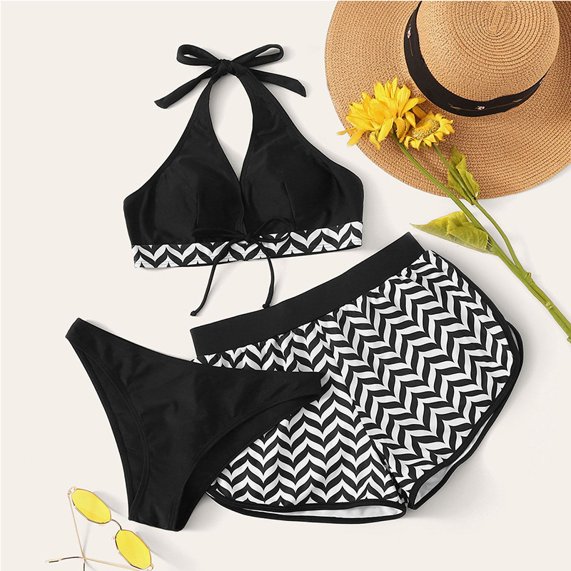 Women Fashion Solid Color Wavy Pattern Sexy Halter Neck Tether Backless Swimsuit Three-Piece Set