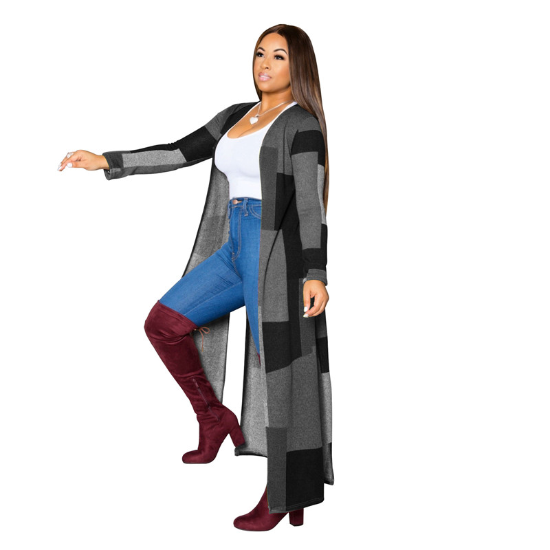 Women Fashion Contrast Color Plaid Print Long Sleeve Cardigan Coat