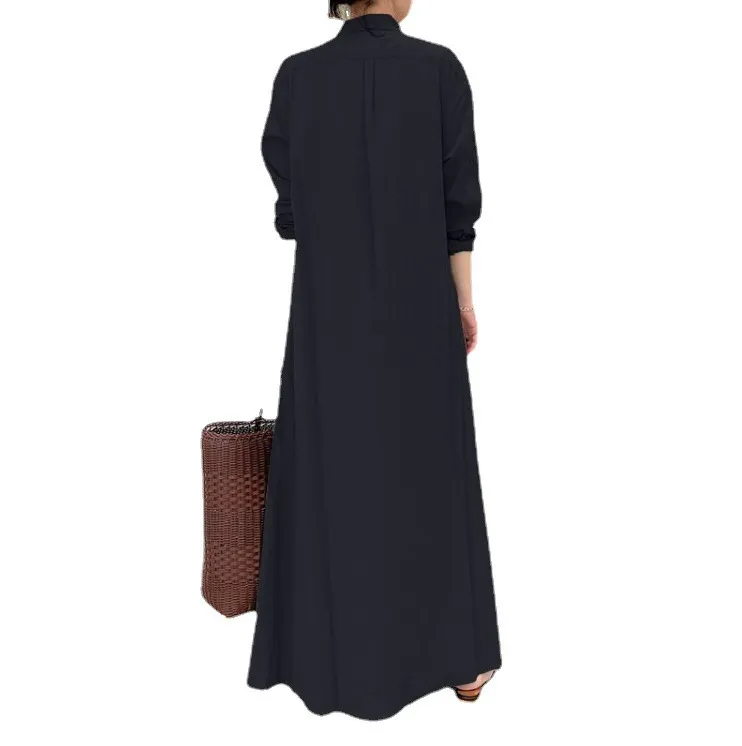 (Buy 1 Get 1) Casual Ramadan /Eid Women Solid Color Lapel Long Sleeve Pocket Simple Shirt Maxi Dress